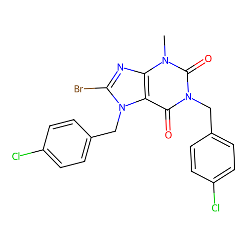 8-bromo-1,7-bis(4-chlorobenzyl)-3-methyl-3,7-dihydro-1H-purine-2,6-dione structure