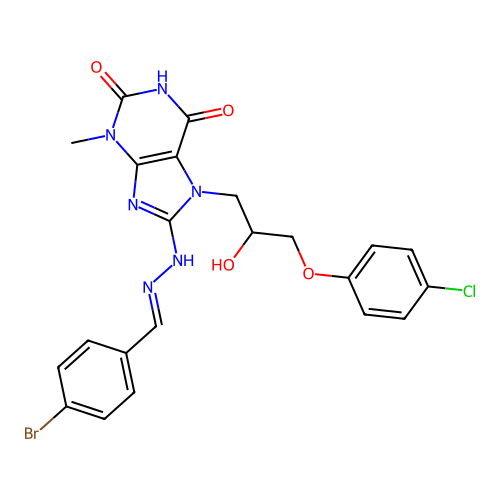 8-[(2E)-2-(4-bromobenzylidene)hydrazinyl]-7-[3-(4-chlorophenoxy)-2-hydroxypropyl]-3-methyl-3,7-dihydro-1H-purine-2,6-dione structure