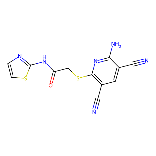 2-[(6-amino-3,5-dicyanopyridin-2-yl)sulfanyl]-N-(1,3-thiazol-2-yl)acetamide structure