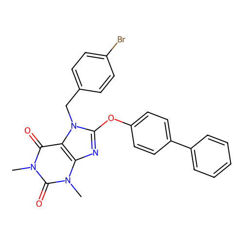 7-[(4-bromophenyl)methyl]-1,3-dimethyl-8-(4-phenylphenoxy)purine-2,6-dione structure