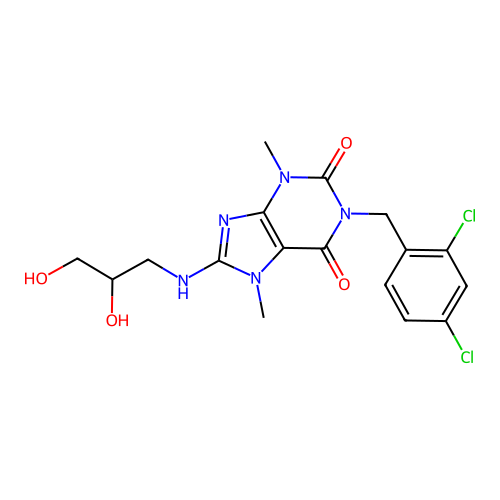 1-[(2,4-dichlorophenyl)methyl]-8-(2,3-dihydroxypropylamino)-3,7-dimethyl-purine-2,6-dione structure