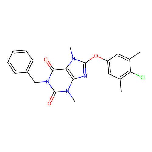 1-benzyl-8-(4-chloro-3,5-dimethylphenoxy)-3,7-dimethyl-3,7-dihydro-1H-purine-2,6-dione structure