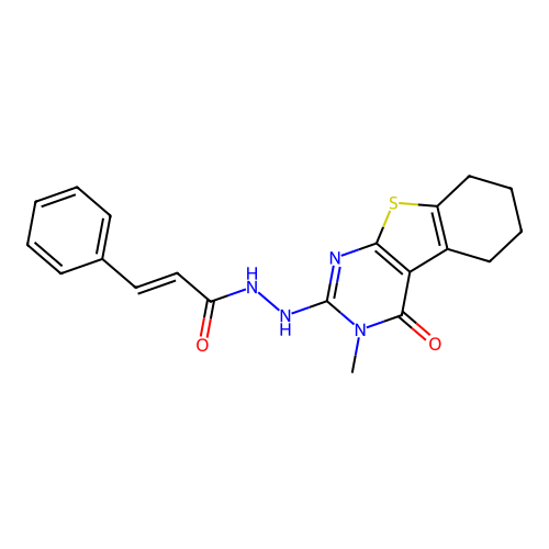 (2E)-N'-(3-methyl-4-oxo-3,4,5,6,7,8-hexahydro[1]benzothieno[2,3-d]pyrimidin-2-yl)-3-phenylprop-2-enehydrazide structure