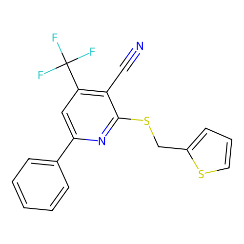 6-phenyl-2-((thiophen-2-ylmethyl)thio)-4-(trifluoromethyl)nicotinonitrile structure