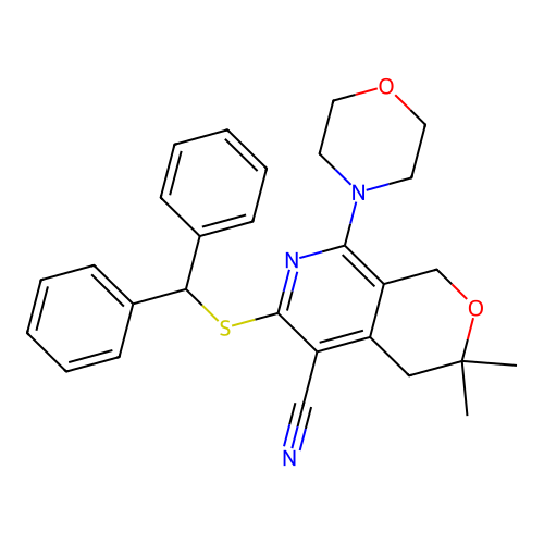 6-(benzhydrylthio)-3,3-dimethyl-8-morpholino-3,4-dihydro-1H-pyrano[3,4-c]pyridine-5-carbonitrile structure