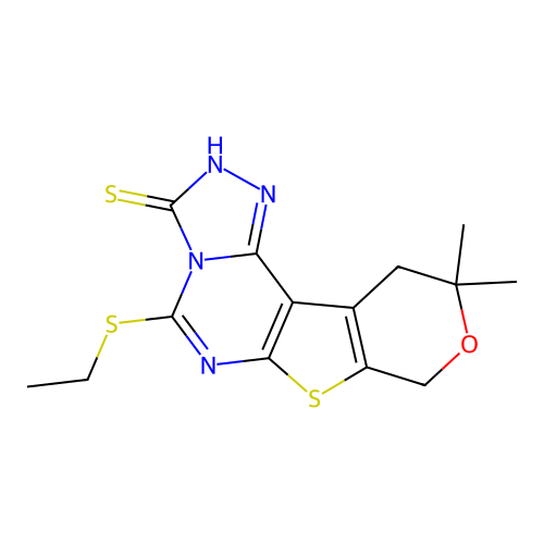 5-(ethylsulfanyl)-10,10-dimethyl-10,11-dihydro-8H-pyrano[4',3':4,5]thieno[3,2-e][1,2,4]triazolo[4,3-c]pyrimidine-3-thiol structure
