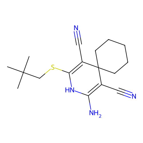 2-amino-4-(neopentylthio)-3-azaspiro[5.5]undeca-1,4-diene-1,5-dicarbonitrile structure