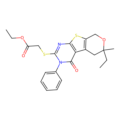 ethyl [(6-ethyl-6-methyl-4-oxo-3-phenyl-3,5,6,8-tetrahydro-4H-pyrano[4',3':4,5]thieno[2,3-d]pyrimidin-2-yl)sulfanyl]acetate structure
