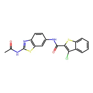 N-(2-acetamido-1,3-benzothiazol-6-yl)-3-chloro-1-benzothiophene-2-carboxamide structure