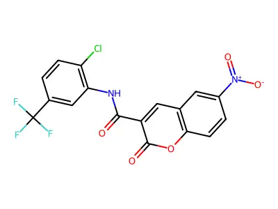 N-[2-chloro-5-(trifluoromethyl)phenyl]-6-nitro-2-oxochromene-3-carboxamide structure