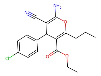 ethyl 6-amino-4-(4-chlorophenyl)-5-cyano-2-propyl-4H-pyran-3-carboxylate structure