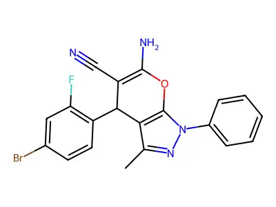 6-amino-4-(4-bromo-2-fluorophenyl)-3-methyl-1-phenyl-1,4-dihydropyrano[2,3-c]pyrazole-5-carbonitrile structure