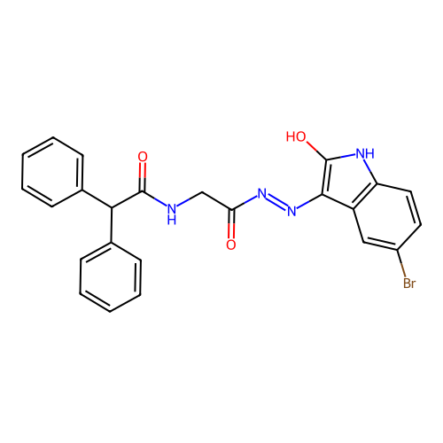 (Z)-N-(2-(2-(5-bromo-2-oxoindolin-3-ylidene)hydrazinyl)-2-oxoethyl)-2,2-diphenylacetamide structure