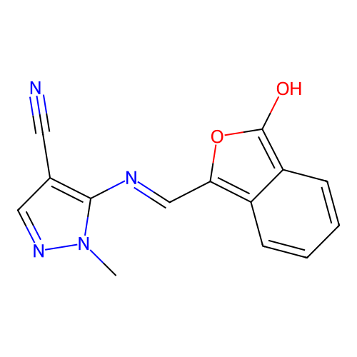 1-methyl-5-({[3-oxo-2-benzofuran-1(3H)-yliden]methyl}amino)-1H-pyrazole-4-carbonitrile structure