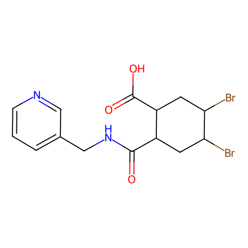 4,5-Dibromo-2-((pyridin-3-ylmethyl)carbamoyl)cyclohexanecarboxylic acid structure