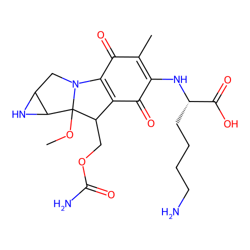 n2-{8-[(carbamoyloxy)methyl]-8a-methoxy-5-methyl-4,7-dioxo-1,1a,2,4,7,8,8a,8b-octahydroazireno[2',3':3,4]pyrrolo[1,2-a]indol-6-yl}-l-lysine structure