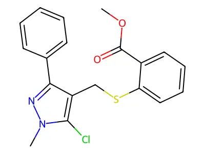 methyl 2-{[(5-chloro-1-methyl-3-phenyl-1H-pyrazol-4-yl)methyl]sulfanyl}benzenecarboxylate structure