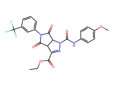 ethyl 1-[(4-methoxyanilino)carbonyl]-4,6-dioxo-5-[3-(trifluoromethyl)phenyl]-1,3a,4,5,6,6a-hexahydropyrrolo[3,4-c]pyrazole-3-carboxylate structure