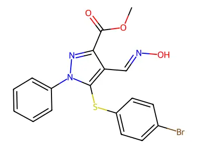 methyl 5-(4-bromophenyl)sulfanyl-4-(hydroxyiminomethyl)-1-phenylpyrazole-3-carboxylate structure