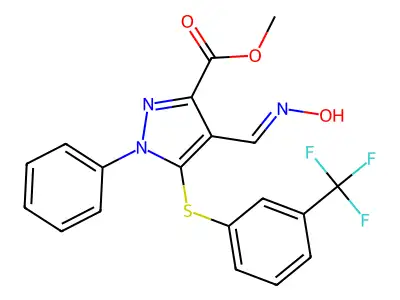 methyl 4-(hydroxyiminomethyl)-1-phenyl-5-[3-(trifluoromethyl)phenyl]sulfanylpyrazole-3-carboxylate structure