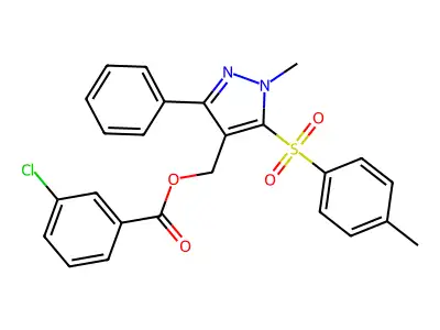 {1-methyl-5-[(4-methylphenyl)sulfonyl]-3-phenyl-1H-pyrazol-4-yl}methyl 3-chlorobenzenecarboxylate structure