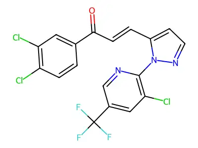 3-[2-[3-chloro-5-(trifluoromethyl)pyridin-2-yl]pyrazol-3-yl]-1-(3,4-dichlorophenyl)prop-2-en-1-one structure