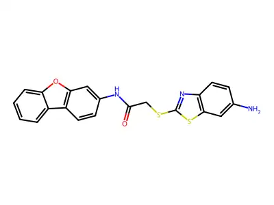 2-[(6-amino-1,3-benzothiazol-2-yl)sulfanyl]-N-dibenzofuran-3-ylacetamide structure