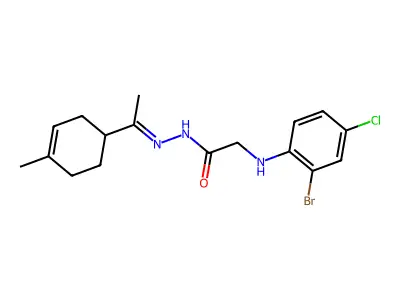 2-(2-bromo-4-chloroanilino)-N-[1-(4-methylcyclohex-3-en-1-yl)ethylideneamino]acetamide structure