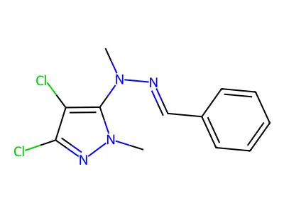 N-(benzylideneamino)-3,4-dichloro-N,1-dimethylpyrazol-5-amine structure