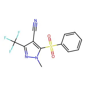 1-methyl-5-(phenylsulfonyl)-3-(trifluoromethyl)-1H-pyrazole-4-carbonitrile structure