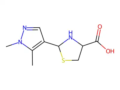 2-(1,5-dimethyl-1H-pyrazol-4-yl)-1,3-thiazolidine-4-carboxylic acid structure