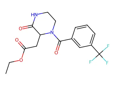 Ethyl 2-{3-oxo-1-[3-(trifluoromethyl)benzoyl]-2-piperazinyl}acetate structure