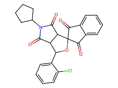 3-(2-chlorophenyl)-5-cyclopentyl-3a,6a-dihydrospiro[furo[3,4-c]pyrrole-1,2'-indene]-1',3',4,6(3H,5H)-tetrone structure