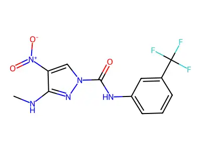3-(methylamino)-4-nitro-N-[3-(trifluoromethyl)phenyl]-1H-pyrazole-1-carboxamide structure