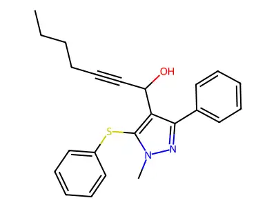 1-[1-methyl-3-phenyl-5-(phenylsulfanyl)-1H-pyrazol-4-yl]-2-heptyn-1-ol structure