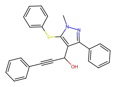 1-[1-methyl-3-phenyl-5-(phenylsulfanyl)-1H-pyrazol-4-yl]-3-phenyl-2-propyn-1-ol structure