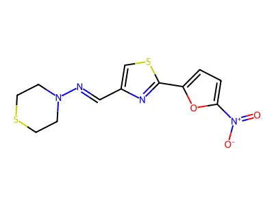 1-[2-(5-nitrofuran-2-yl)-1,3-thiazol-4-yl]-N-thiomorpholin-4-ylmethanimine structure