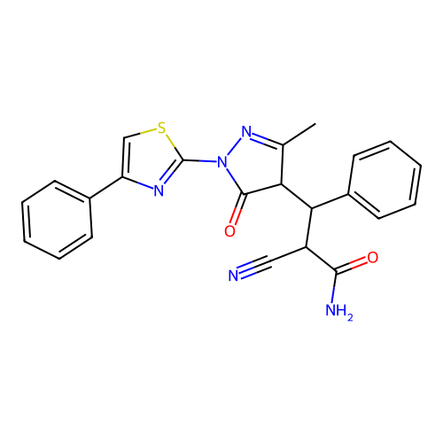 2-cyano-3-[3-methyl-5-oxo-1-(4-phenyl-1,3-thiazol-2-yl)-4,5-dihydro-1H-pyrazol-4-yl]-3-phenylpropanamide structure