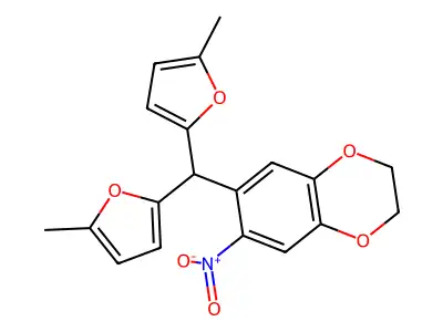 7-[Bis(5-methylfuran-2-yl)methyl]-6-nitro-2,3-dihydro-1,4-benzodioxine structure