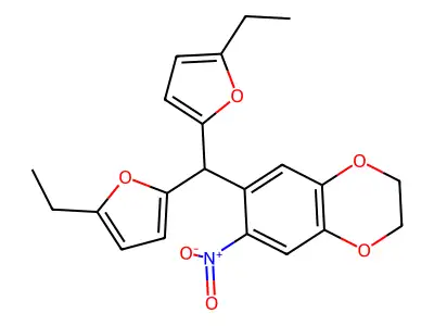 7-[Bis(5-ethylfuran-2-yl)methyl]-6-nitro-2,3-dihydro-1,4-benzodioxine structure