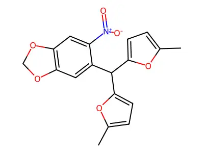 5-[Bis(5-methylfuran-2-yl)methyl]-6-nitro-1,3-benzodioxole structure