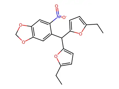 5-[Bis(5-ethylfuran-2-yl)methyl]-6-nitro-1,3-benzodioxole structure