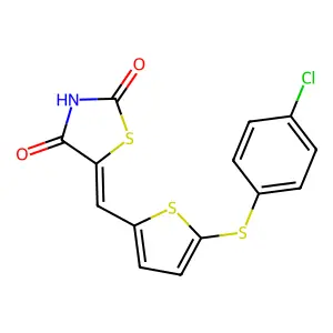 (5E)-5-[[5-(4-chlorophenyl)sulfanylthiophen-2-yl]methylidene]-1,3-thiazolidine-2,4-dione structure