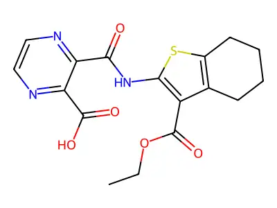 3-((3-(ethoxycarbonyl)-4,5,6,7-tetrahydrobenzo[b]thiophen-2-yl)carbamoyl)pyrazine-2-carboxylic acid structure