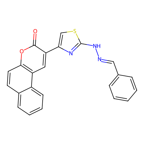 2-{2-[(2E)-2-benzylidenehydrazinyl]-1,3-thiazol-4-yl}-3H-benzo[f]chromen-3-one structure
