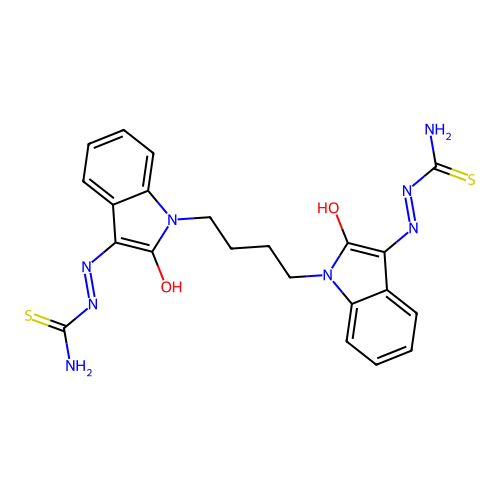 (2E,2'E)-2,2'-(1,1'-(butane-1,4-diyl)bis(2-oxoindoline-1-yl-3-ylidene))bis(hydrazinecarbothioamide) structure