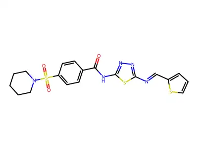 4-(piperidine-1-sulfonyl)-N-{5-[(E)-[(thiophen-2-yl)methylidene]amino]-1,3,4-thiadiazol-2-yl}benzamide structure