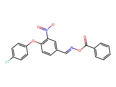 N-(benzoyloxy)-N-{[4-(4-fluorophenoxy)-3-nitrophenyl]methylene}amine structure