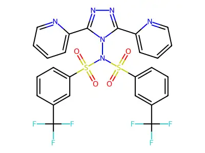 N-[3,5-bis(pyridin-2-yl)-4H-1,2,4-triazol-4-yl]-3-(trifluoromethyl)-N-[3-(trifluoromethyl)benzenesulfonyl]benzene-1-sulfonamide structure