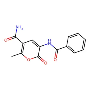 3-(benzoylamino)-6-methyl-2-oxo-2H-pyran-5-carboxamide structure